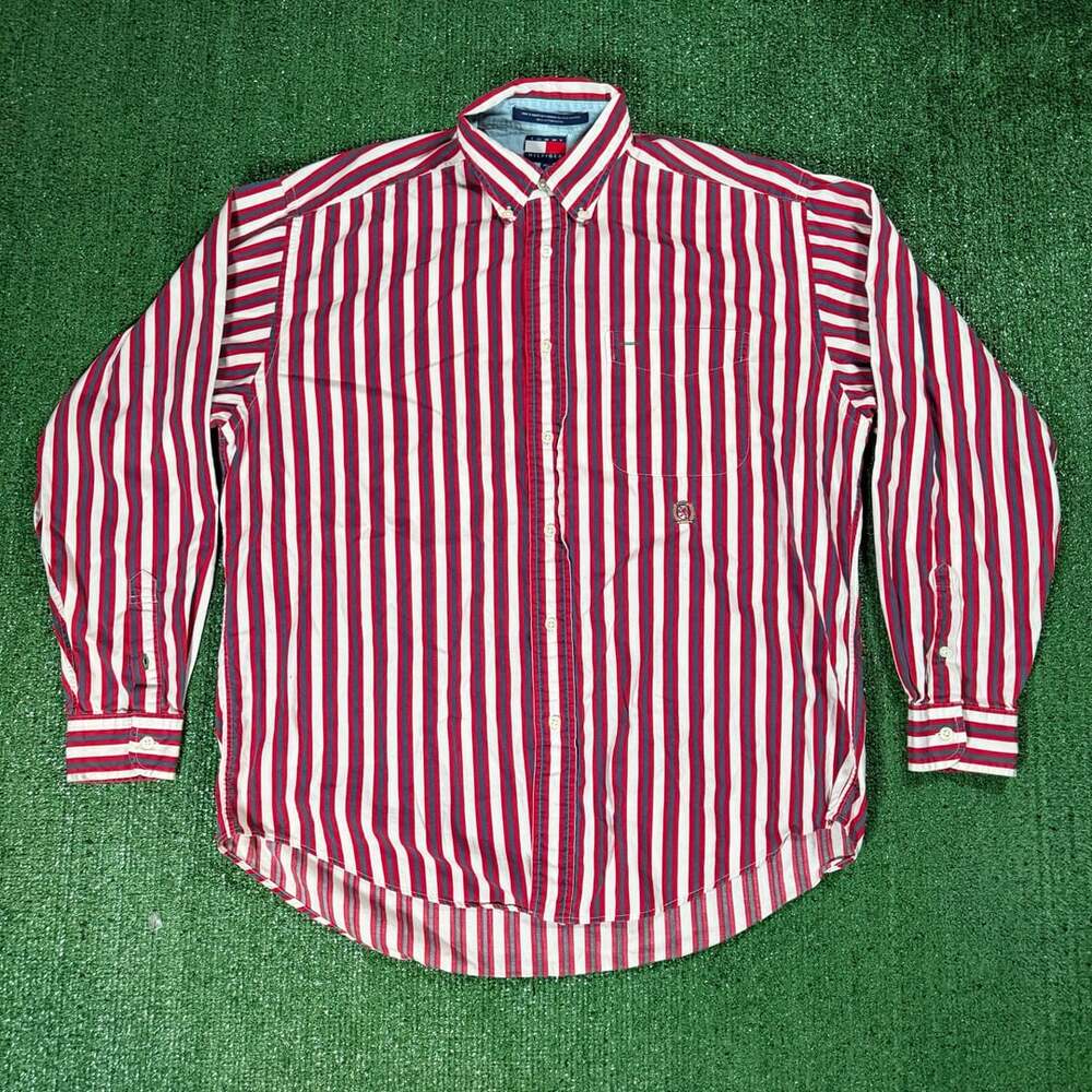 Vintage Tommy Hilfiger Red White Blue Striped Long Sleeve Button Up Shirt Medium